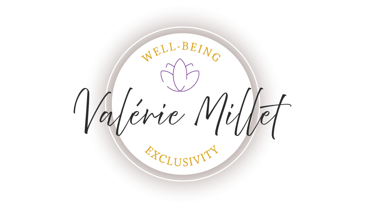 Valerie Millet Un logotipo con "Valérie Millet" en letra cursiva. Las palabras "Bienestar" y "Exclusividad" rodean un ícono de loto violeta. Bienestar Holistico